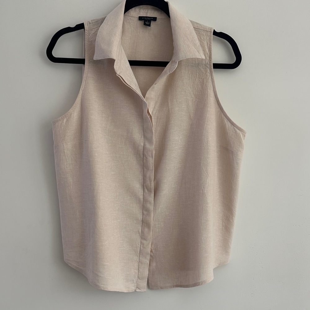 Ann Taylor Factory Beige Sleeveless Button-Down Shirt